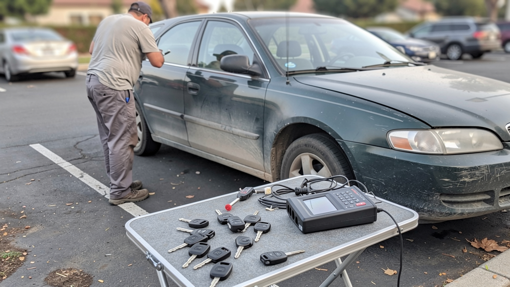 Automotive locksmith tools beside a vehicle door lock